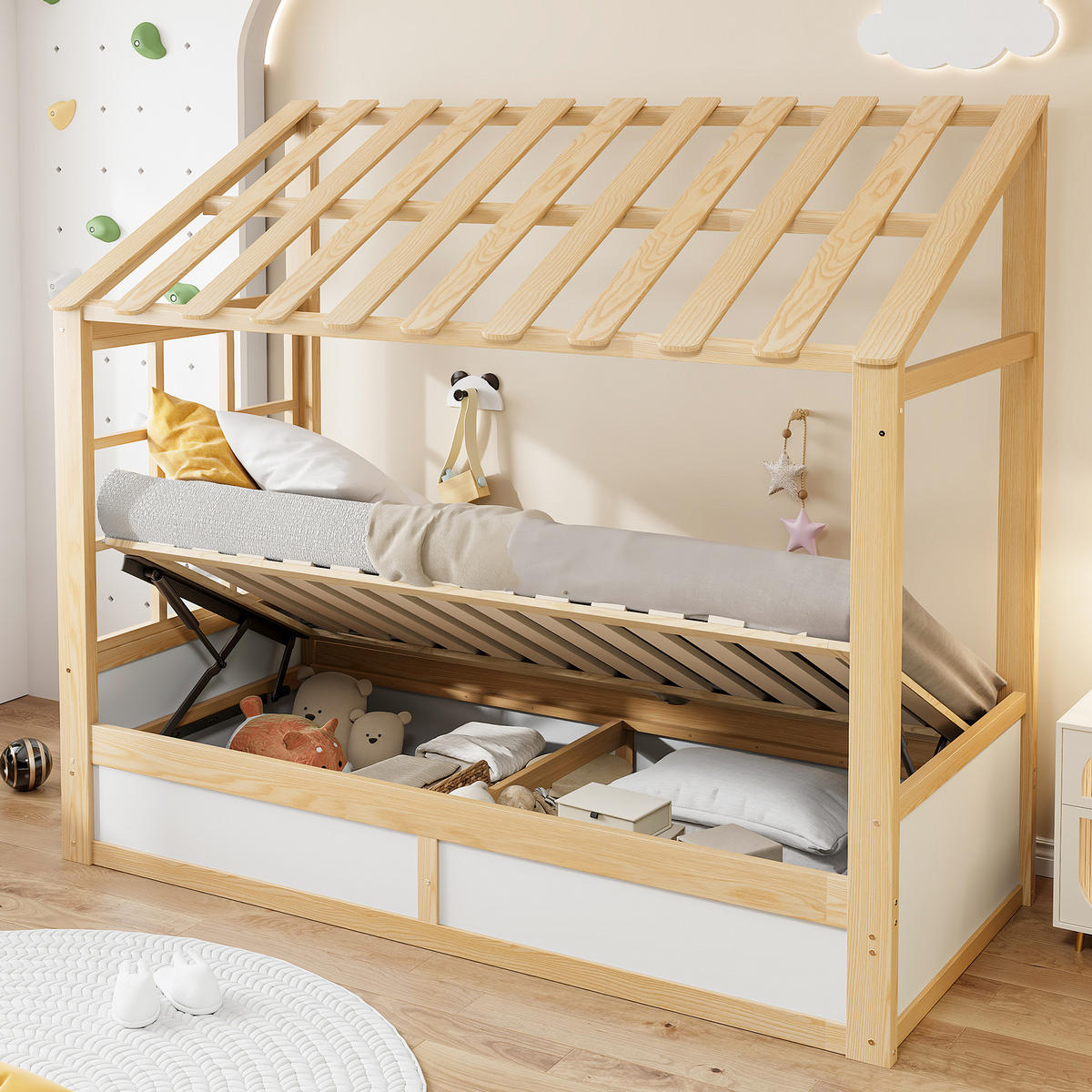 HAUSBETT 90/200 cm mit Dach und Stauraum, DE-41620, in Holzfarbe/Weiß - Naturfarben, Holzwerkstoff (90/200cm) - ComfortXL