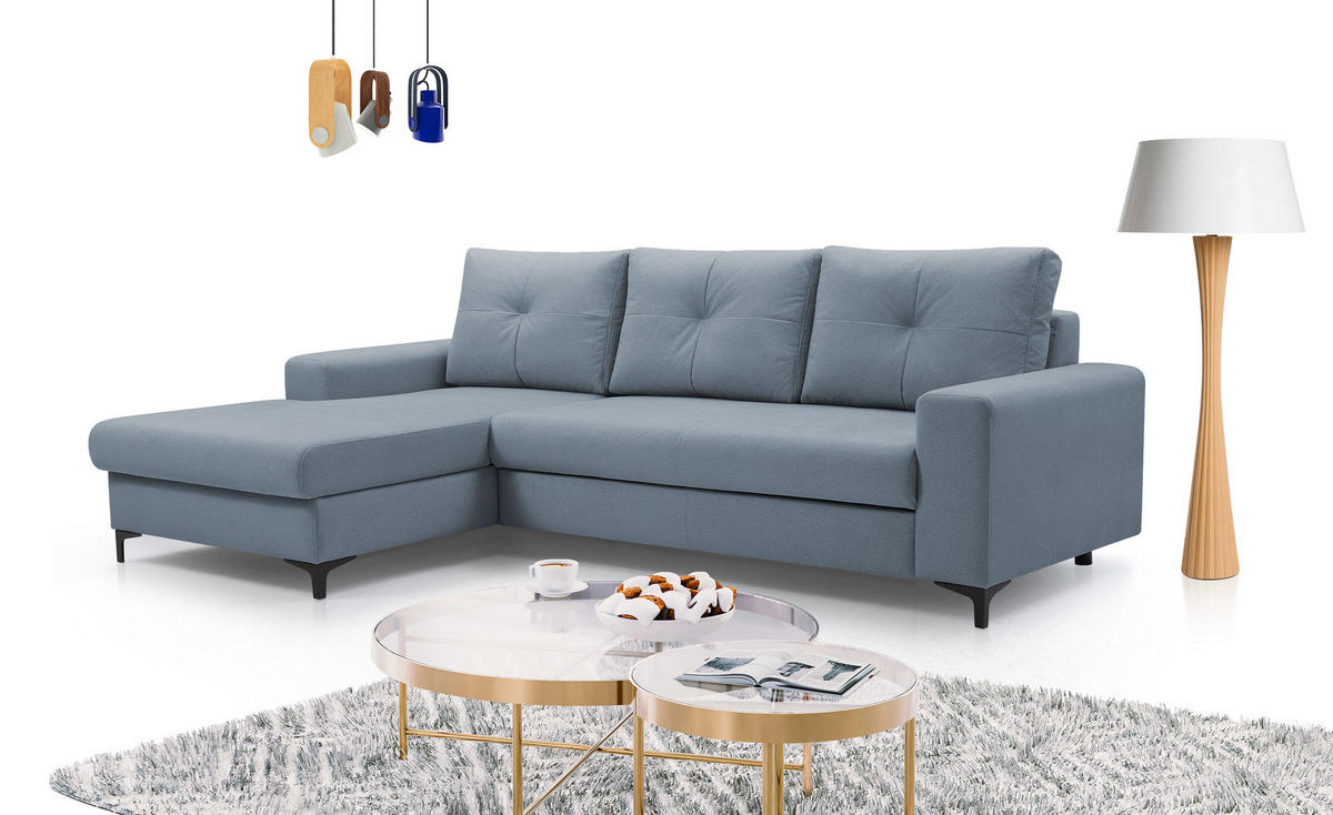 ECKSOFA AVRA L-förmig, mit Stauraumbehälter-in RINO-Stoff, Komfort & Eleganz, lose Rückenkissen, freistehend, LINKS 165x251x85 cm Blue - Blau, Holz/Textil (165/251cm) - DomoHome