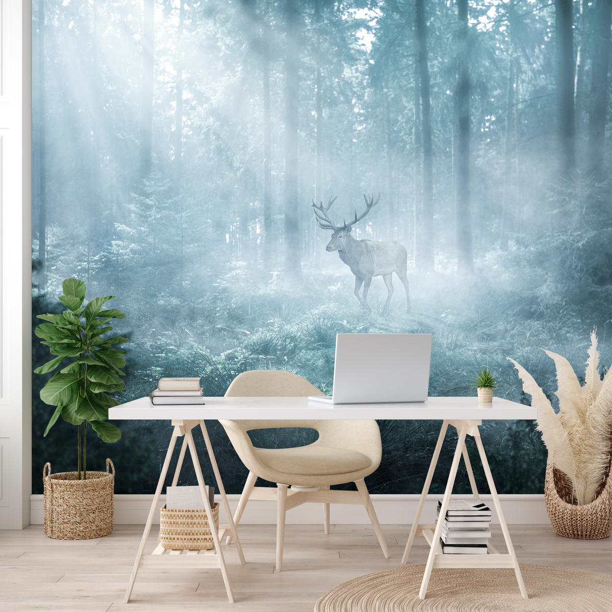 FOTOTAPETE für Wohnzimmer Hirsch Nebelwald Bäume Pflanzen 250x175 - Weiß/Grau, Papier (250/175cm) - Muralo