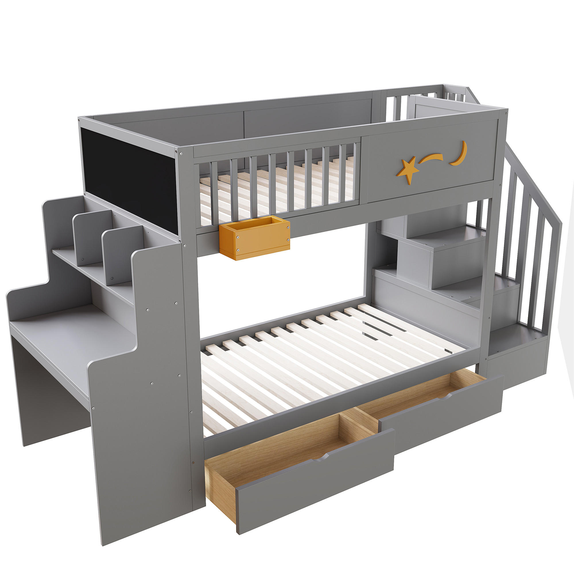 ETAGENBETT 90/200 cm Grau mit 2 Schubladen und Stauraumtreppe - Grau, Holz (90/200cm) - Oxeza