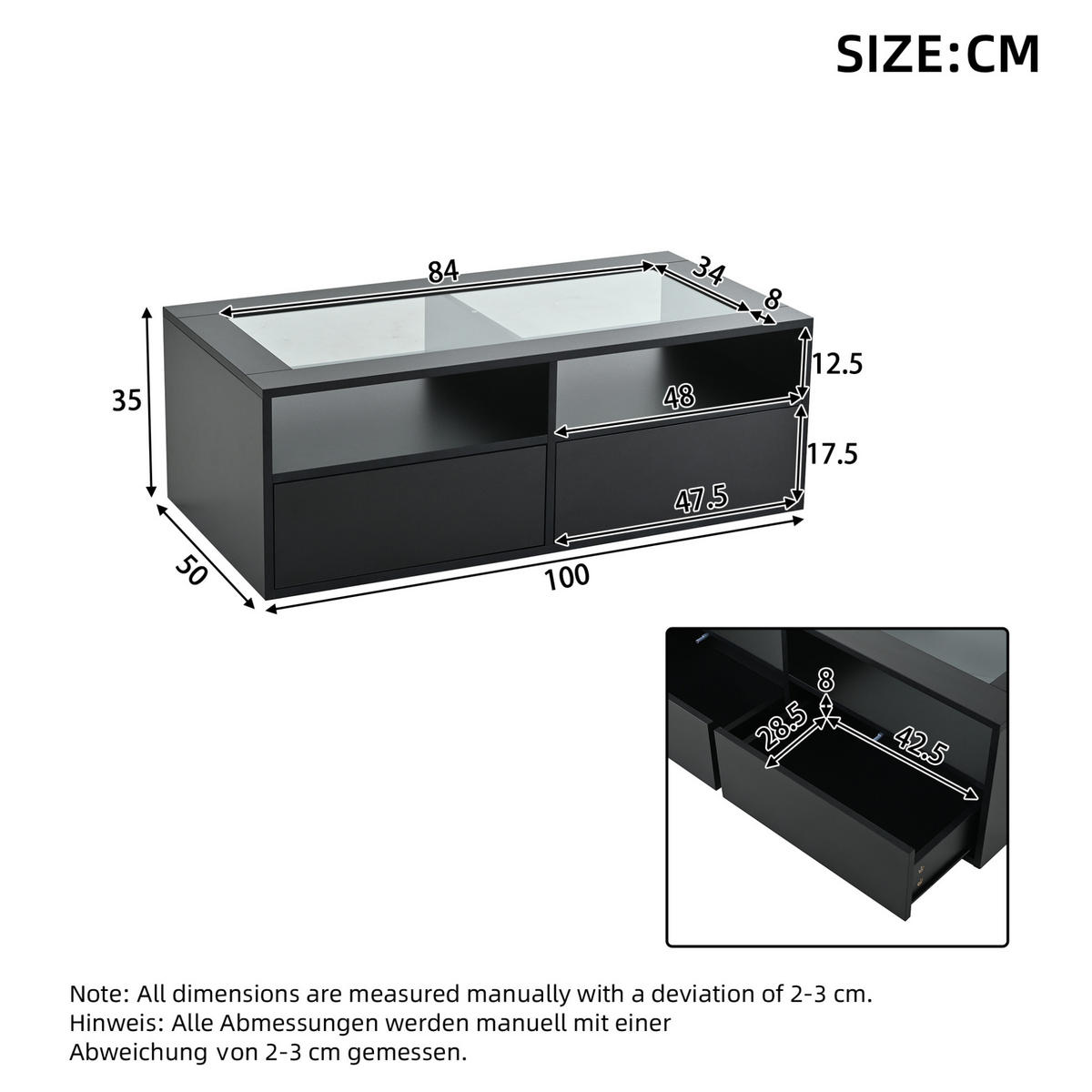 COUCHTISCH aus Glas und Spanplatte 100x50x35 cm in Schwarz mit LED - Schwarz, Holzwerkstoff (100/50/35cm) - Modfu