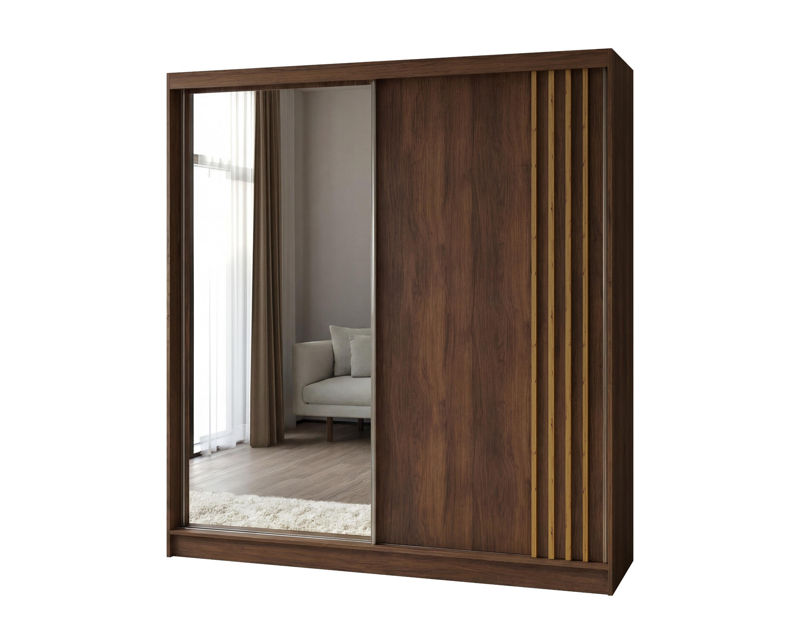 SCHWEBETÜRENSCHRANK Neli 200 cm mit Lamellen und Spiegel 2-türig, Nuss Warmia, Lamelle artisan - Dunkelbraun/Eiche Artisan, Kunststoff (200/216/61cm) - Margaret Hadas24