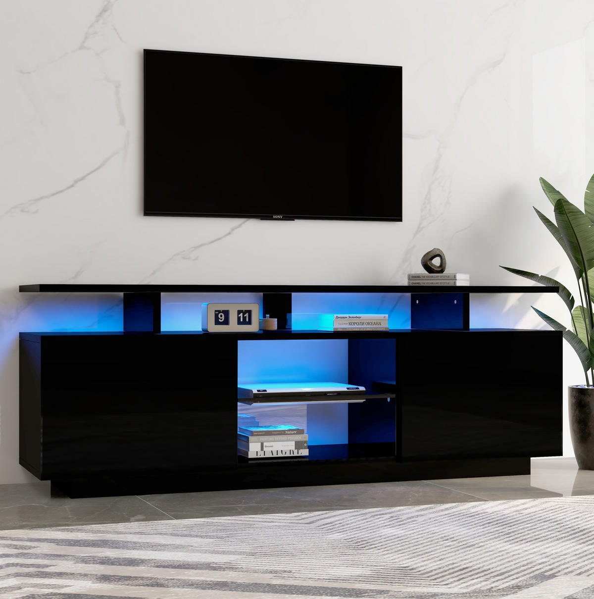 TV-LOWBOARD 140/35/55 cm mit LED-Beleuchtung und 2 Türen in Schwarz - Schwarz, Holzwerkstoff (140/55/35cm) - BEAOK