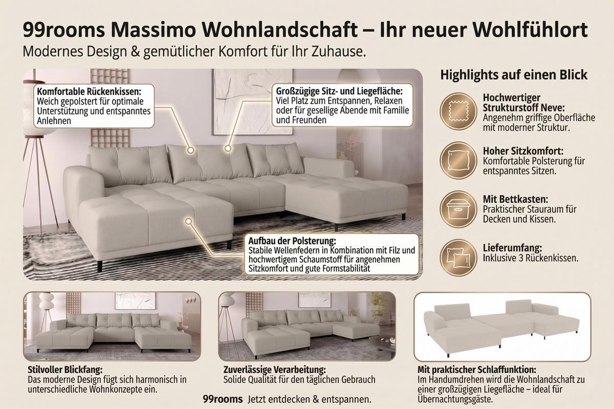 WOHNLANDSCHAFT Strukturstoff Anthrazit inkl. Schlaffunktion - Anthrazit/Schwarz, Textil/Metall (348/94/181cm) - 99rooms