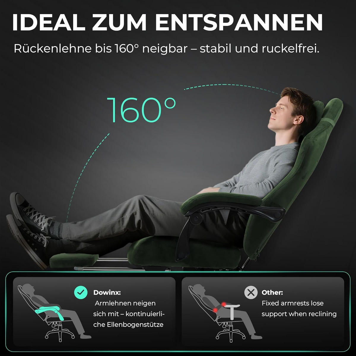 GAMING-STUHL Mikrofaser-Velours & Lendenkissen, Fußstütze 160° Neigbar - Grün, Leder (70/132/70cm)