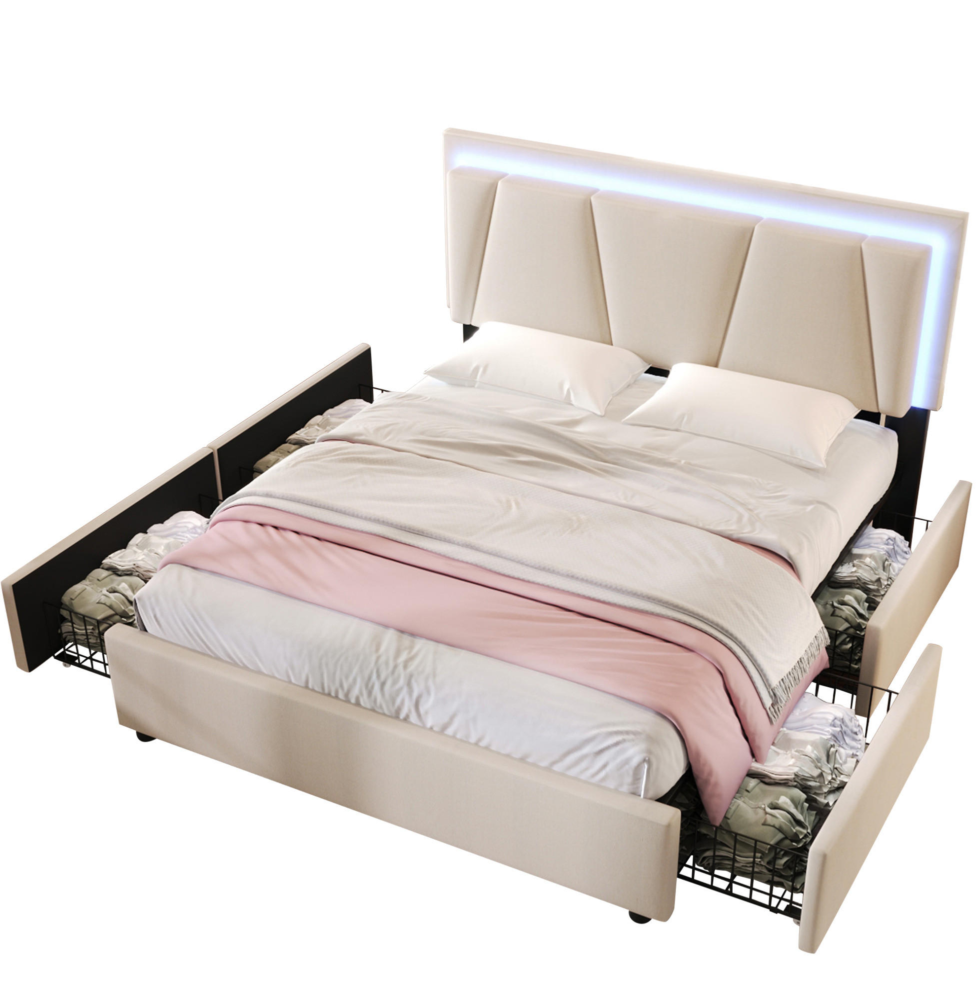 POLSTERBETT 160/200 cm mit LED-Beleuchtung, 4 Schubladen und verstellbarem Kopfteil - Beige, Holz (160/200cm) - BEAOK