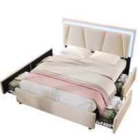 POLSTERBETT 160/200 cm mit LED-Beleuchtung, 4 Schubladen und verstellbarem Kopfteil - Beige, Holz (160/200cm) - BEAOK