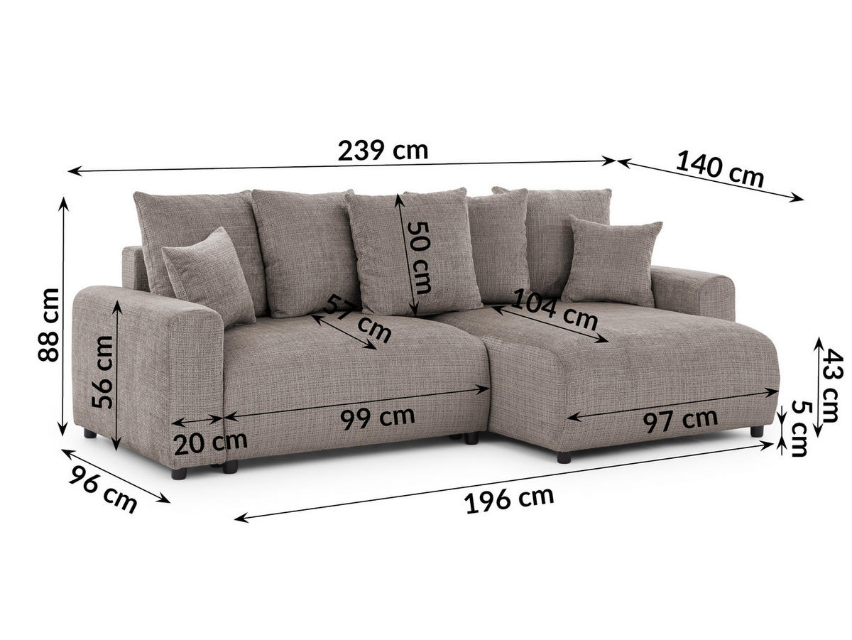 ECKSOFA Calma mit Schlaffunktion und Bettkasten im Bumpy-Design aus weichem Taupe Chenille-Stoff - Ottomane rechts - Taupe/Beige, Holz/Kunststoff (239/140cm) - S-Style Möbel