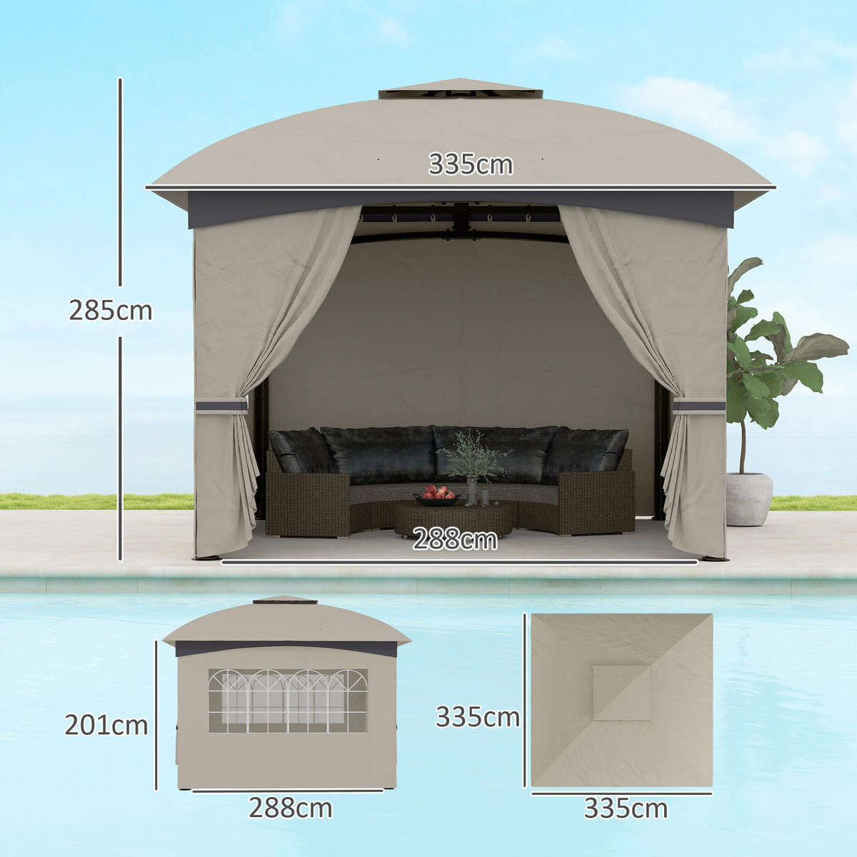 PAVILLON 3,4 x 3,4 m - Hellgrau, Metall (335/285/335cm) - Outsunny