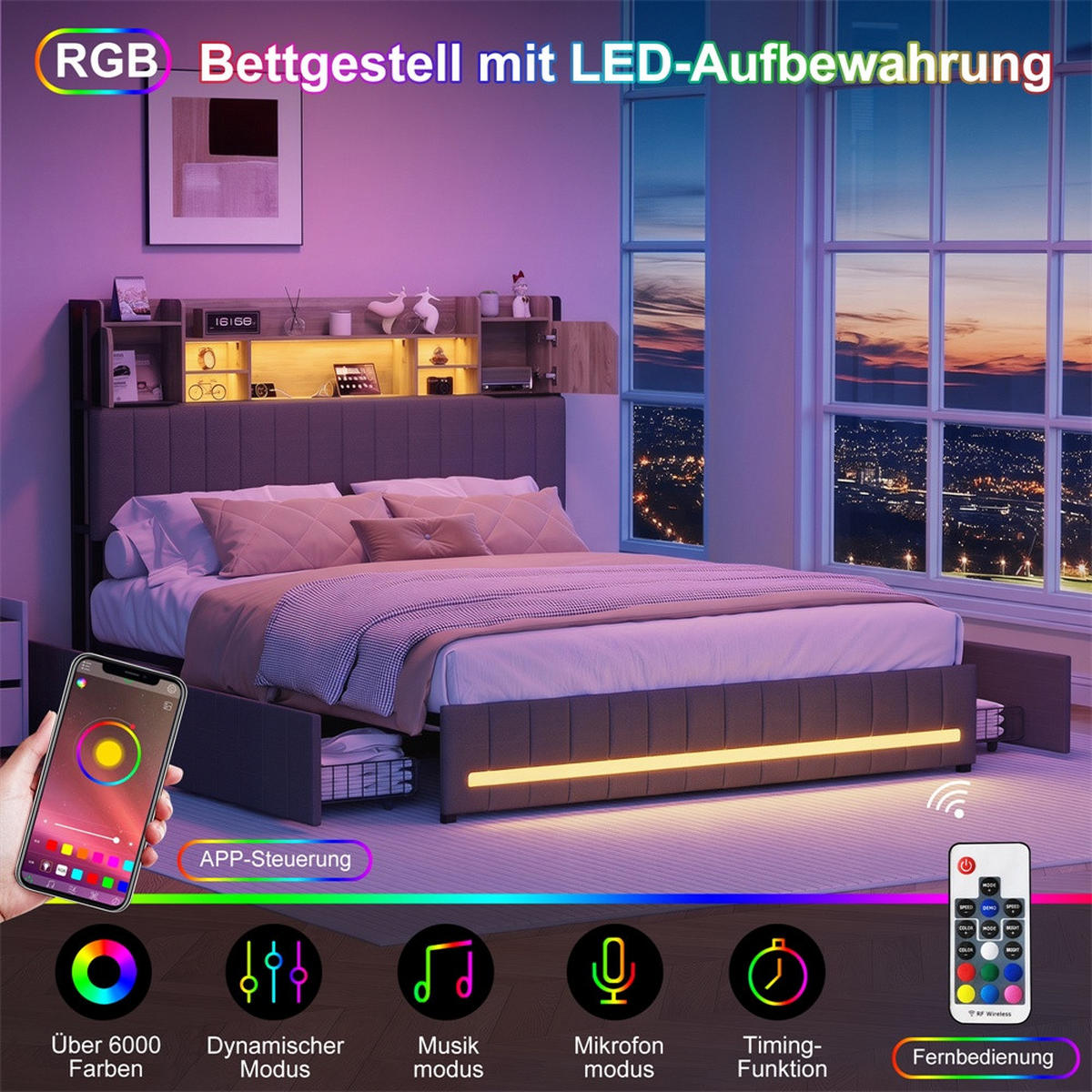 POLSTERBETT 140x190cm - Doppelbett 140x190cm mit Schubladen - RGB-LED-Beleuchtung - ohne Matratze - Grau - Grau, Textil (140/190cm) - DELFA