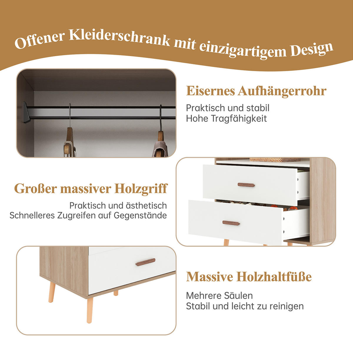 KLEIDERSCHRANK aus MDF 80x46x141,5 cm Natur/Weiß mit Kleiderstange, 2 Schubladen und offenem Stauraum - Weiß, Holzwerkstoff (80/141.5/46cm) - Modfu