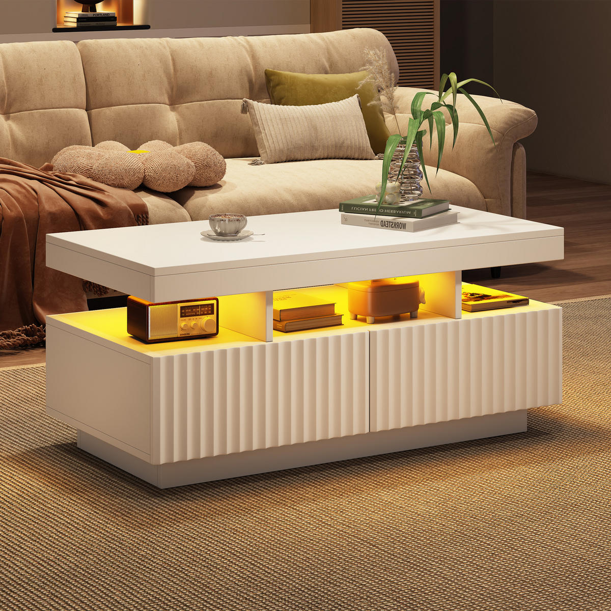 COUCHTISCH LED Weiß 2 Schubladen 100x50x45cm Vakuum Teetisch - Weiß, Holzwerkstoff (100/50/45cm) - FLIEKS