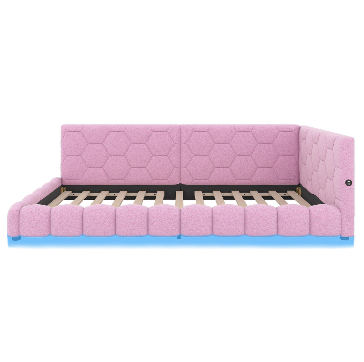 DĚTSKÁ postel 90/200 cm růžová z MDF a sametu s LED osvětlením, USB a USB-C - růžová, textil (90/200cm) - OKWISH