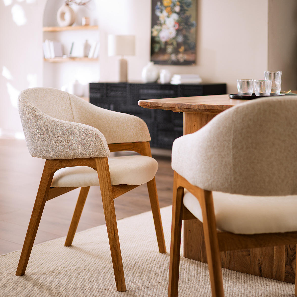 ARMLEHNENSTUHL - Holzwerkstoff / Massivholz / Textil - Creme, Eichenholz/Holz (60/82/59cm) - home24