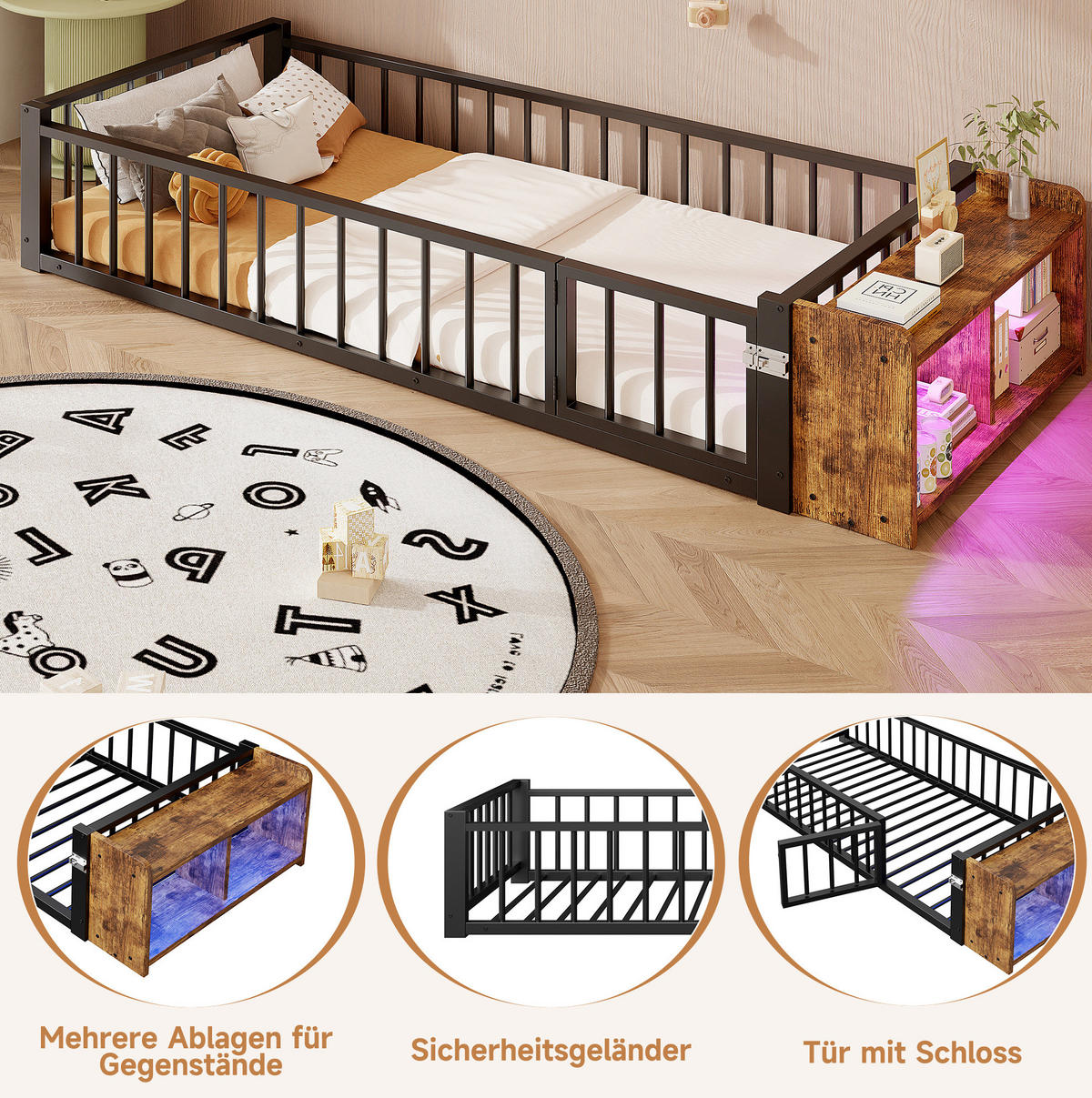 KINDERBETT 90/200 cm Schwarz aus Metall und MDF mit Schutzgeländer und Stauraum - Schwarz, Metall (90/200cm) - OKMYHOME