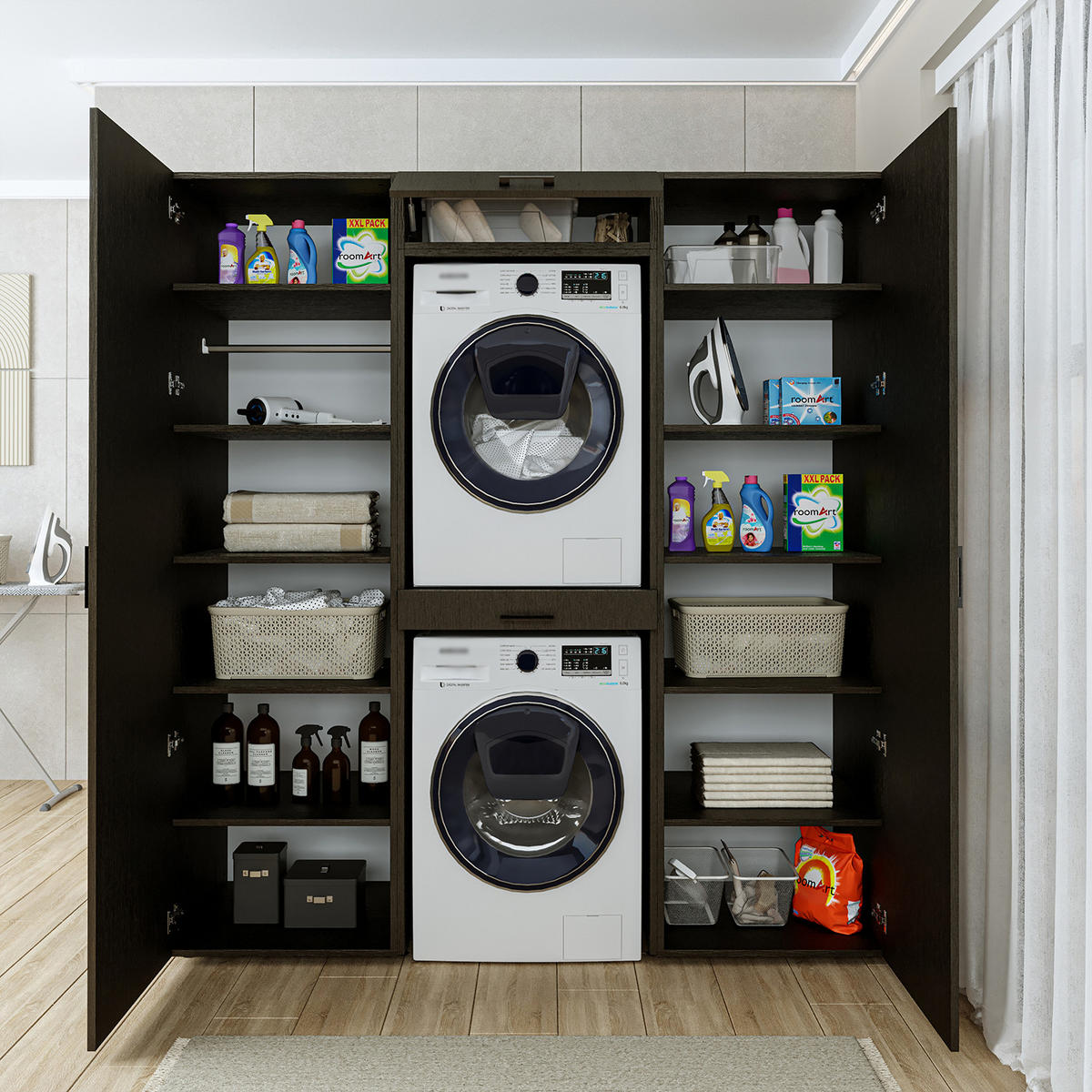 WASCHMASCHINENSCHRANK DUO-I 187cm Breit, 205cm Hoch - Schwarz, Holzwerkstoff (187/205/67cm)