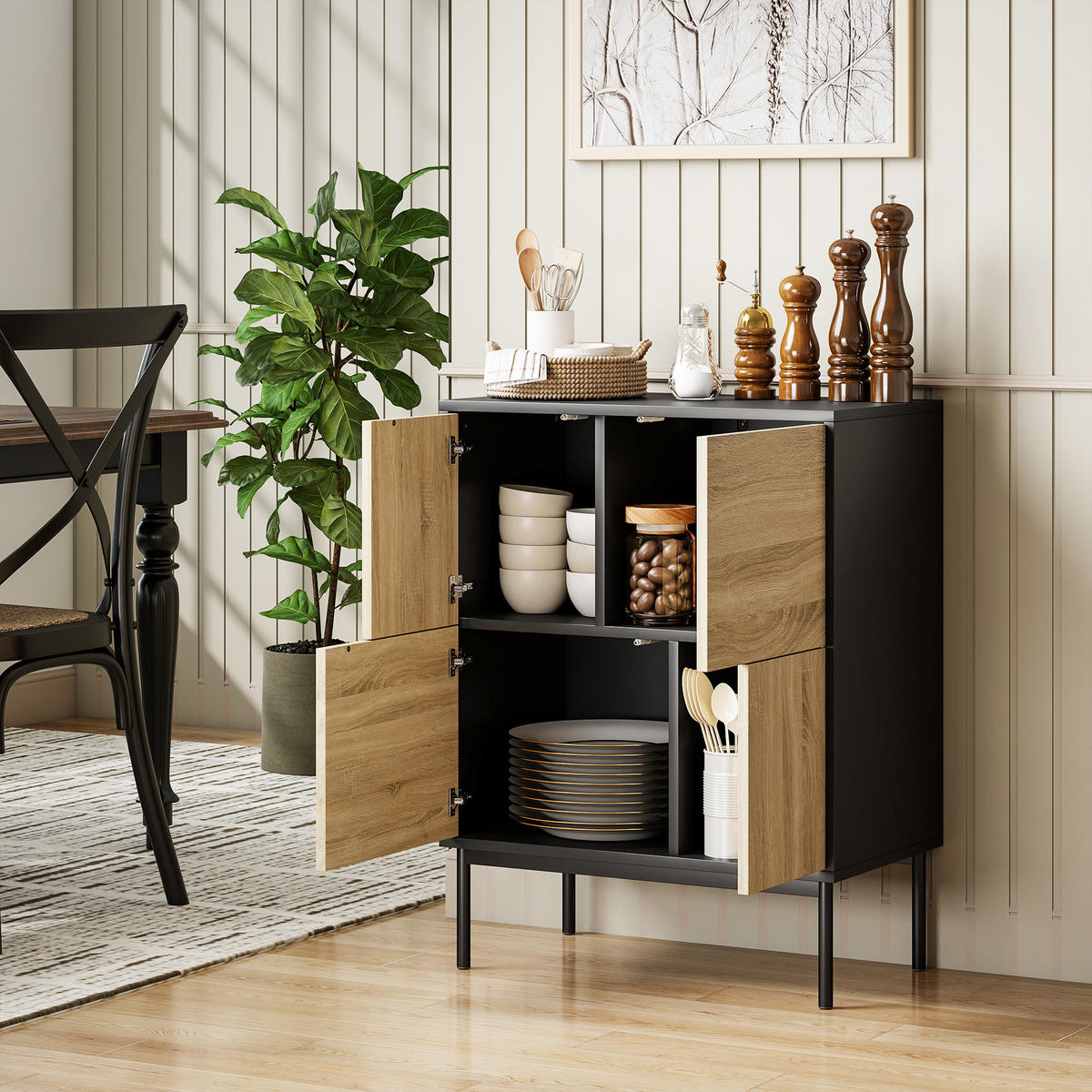 SIDEBOARD DE-11243 4 Fächer mit Drucköffnung Schwarz - Schwarz, Holzwerkstoff (60/78/35cm) - ComfortXL