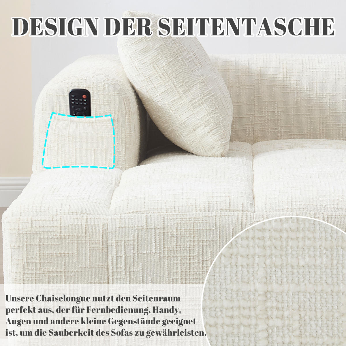 CHAISELONGUE Sofa Chenille mit Kissen und Seitentaschen 158/90/60 cm Beige - Beige, Textil (60/158/90cm) - Redom