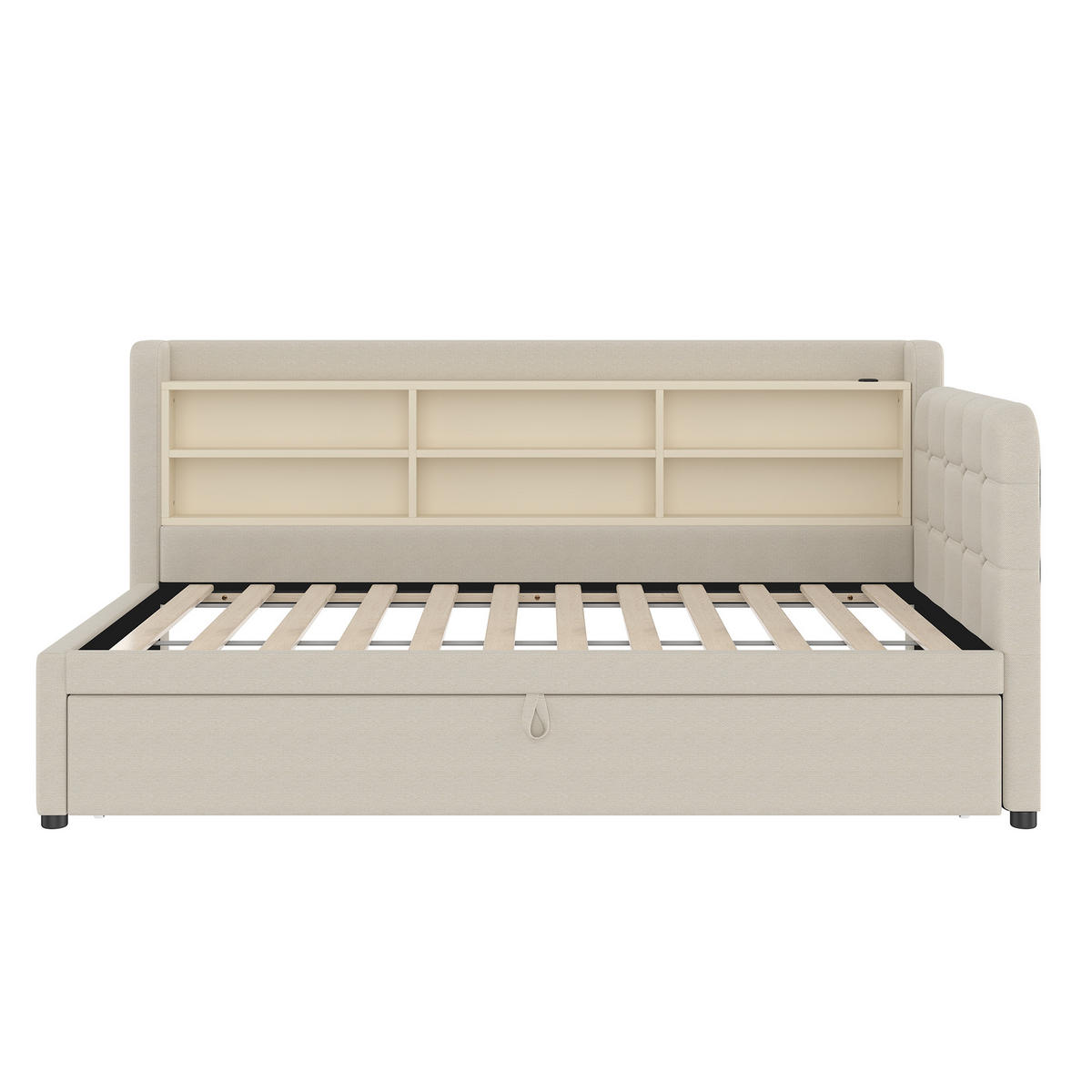 TAGEBETT 90x200cm + 180x200cm Beige Leinen Ausziehbett USB-C - Beige, Holz (180/200cm) - FLIEKS