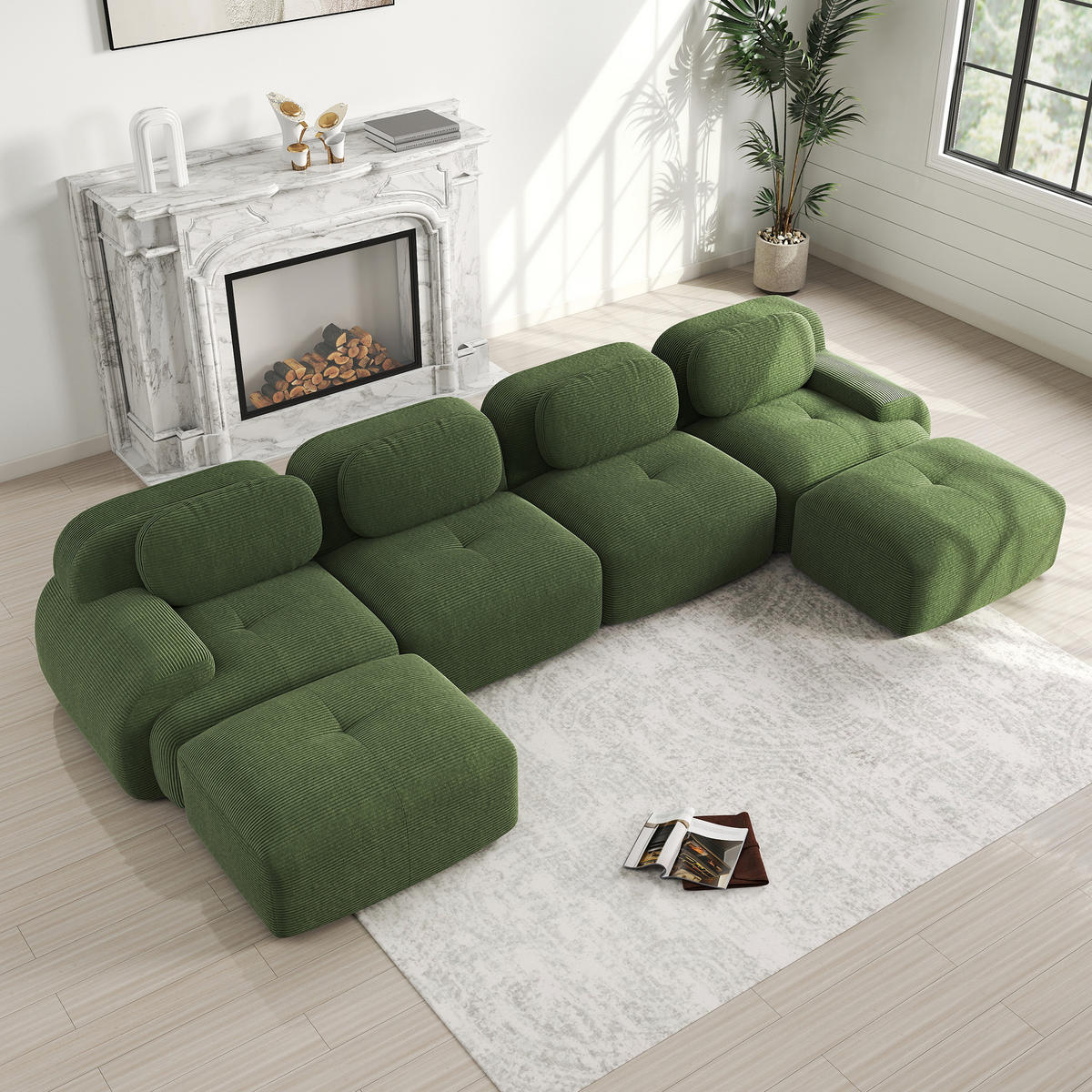 WOHNLANDSCHAFT Cord Grün montagefrei - Grün, Textil (388/75/178cm) - WISHDOR