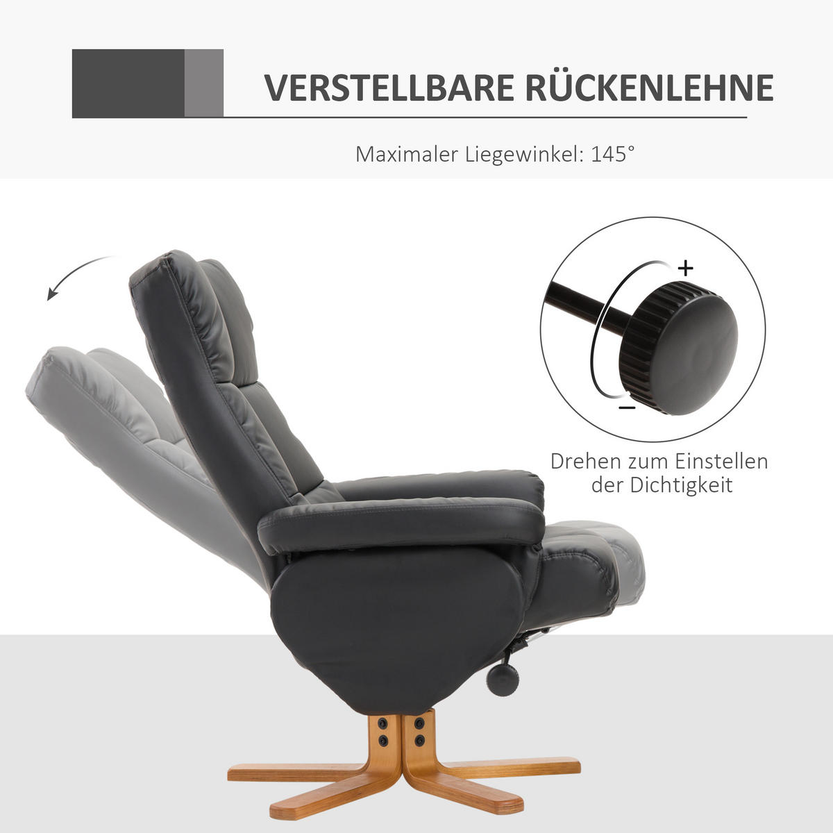 RELAXSESSEL mit Hocker Fernsehsessel 360° drehbar Liegefunktion Holz Schwarz - Schwarz, Holz (86/99/80cm) - HOMCOM