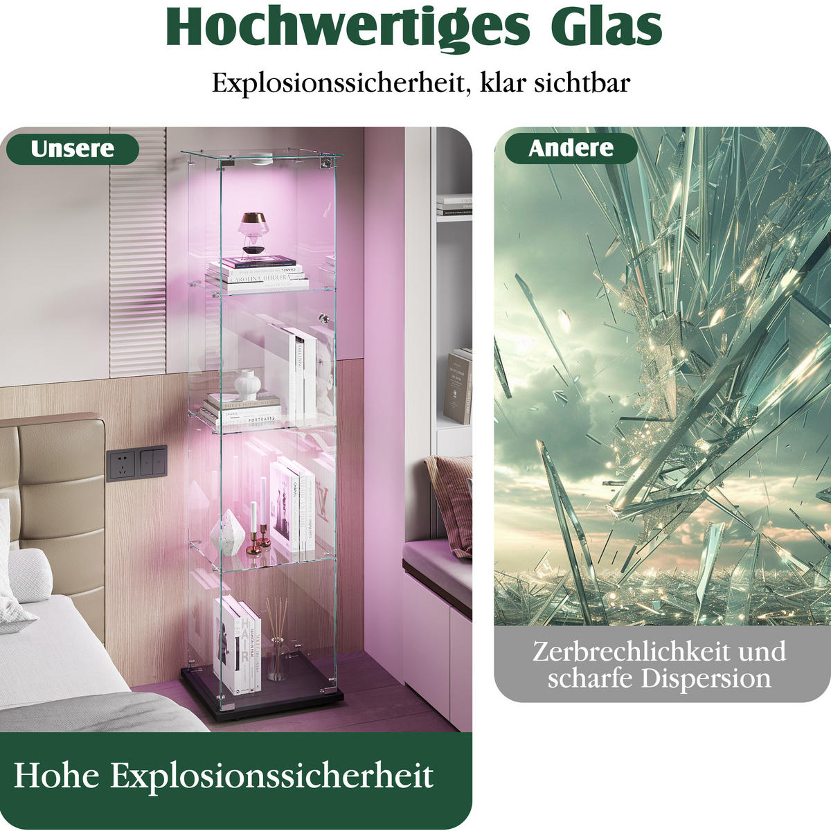 GLASVITRINE mit 4 Glasablagen, rahmenlose Doppeltüren mit Schloss, Touch-LED, in Schwarz - Schwarz, Glas (39.8/163/35cm) - BRILVERDE