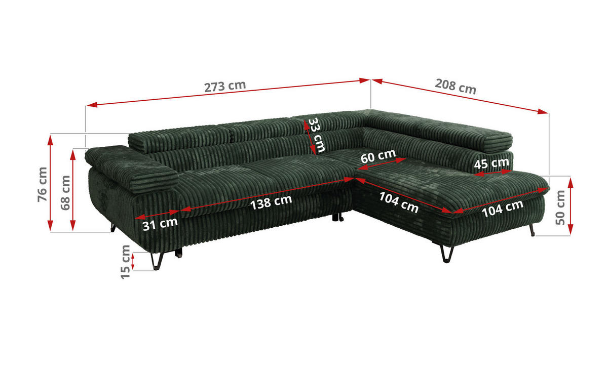 ECKSOFA PABLO L Grün Cord - Rechts Seite mit Visco Topper - Schwarz/Grün, Textil/Metall (273/208cm) - MKS