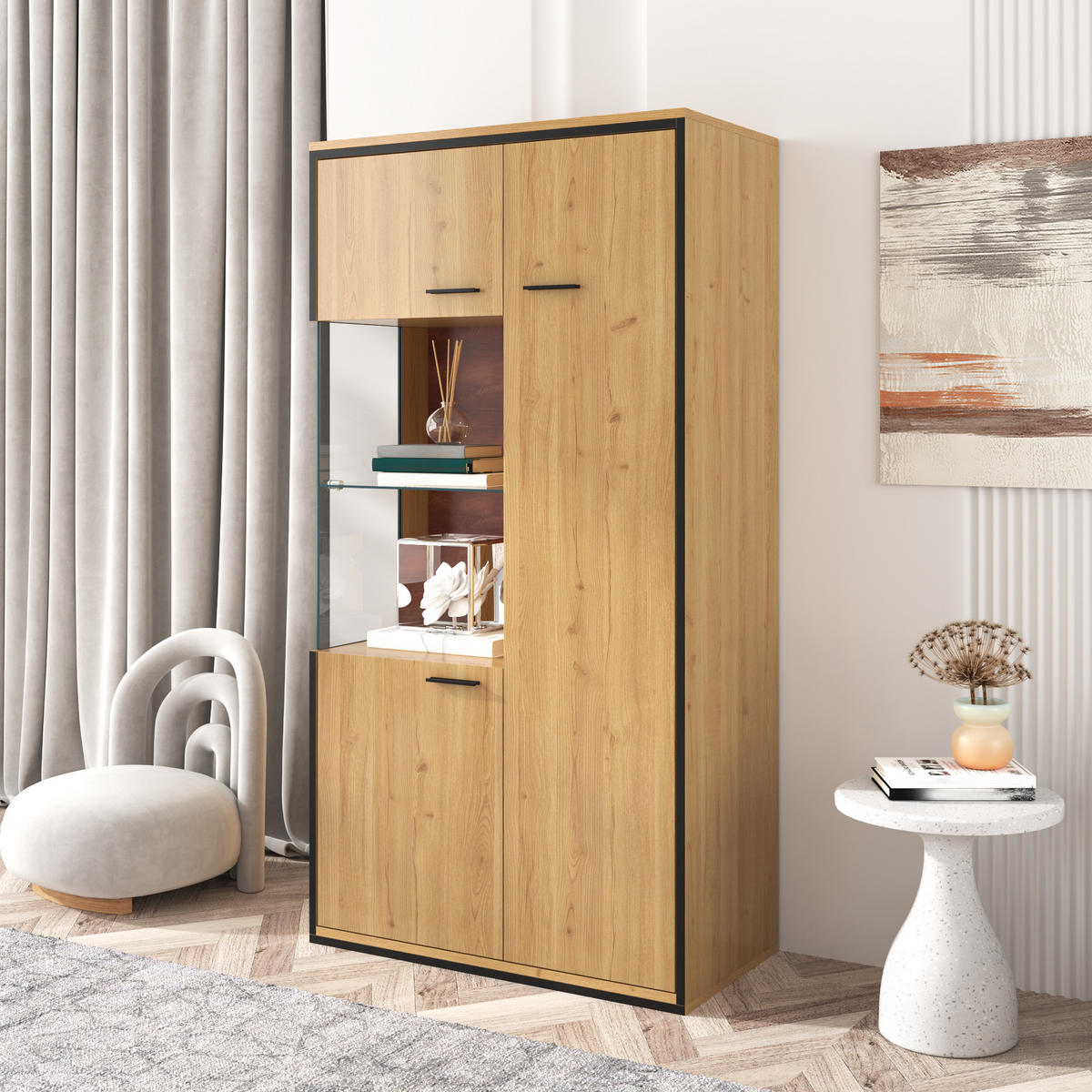 VITRINE LED 150 cm Glastür Stauraum - Naturfarben, Holz (77.5/150/40cm) - Fortuna Lai