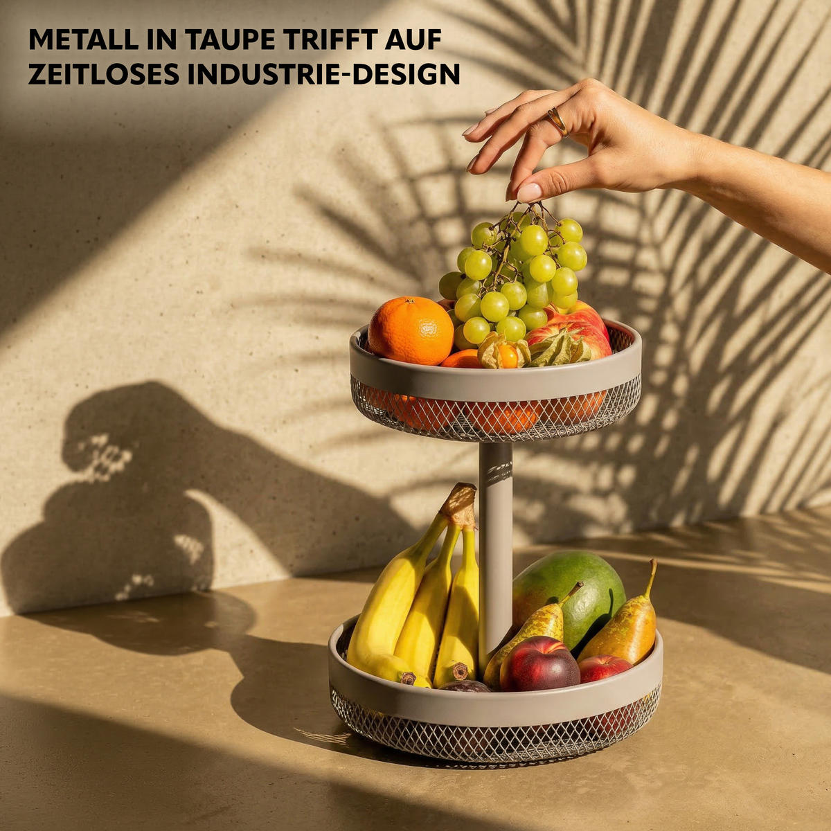 OBSTETAGERE, rund, 2-stöckig, Ø 20 cm und 25 cm, taupe, Metall - Taupe, Metall (25/31cm) - eluno