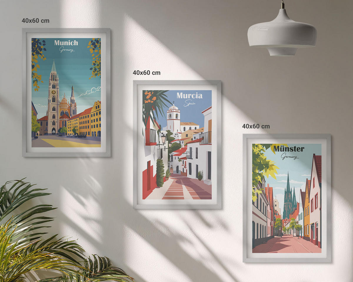 BILDER SET 3er Set - 40x60 cm Silberner Rahmen - Europäische Städte in farbigen Zeichnungen - Silberfarben, Kunststoff (40/60cm) - TULUP