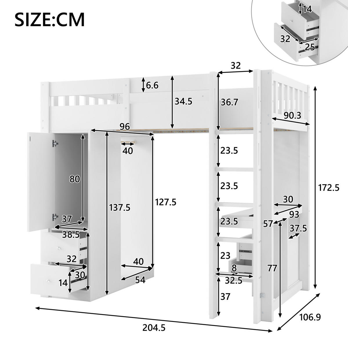 HOCHBETT 90/200 cm weiß aus Massivholz und MDF mit Schreibtisch und LED - Weiß, Holzwerkstoff (90/200cm) - OKWISH