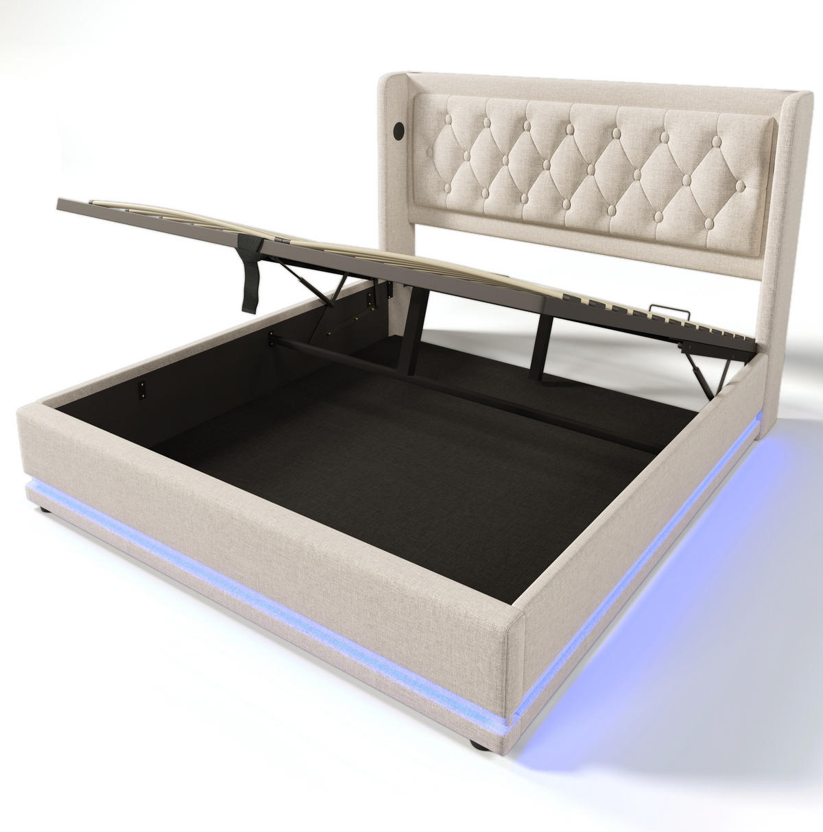 POLSTERBETT 180/200 cm Beige mit Stauraum, LED-Beleuchtung und USB - Beige, Textil (180/200cm) - Flora Grace