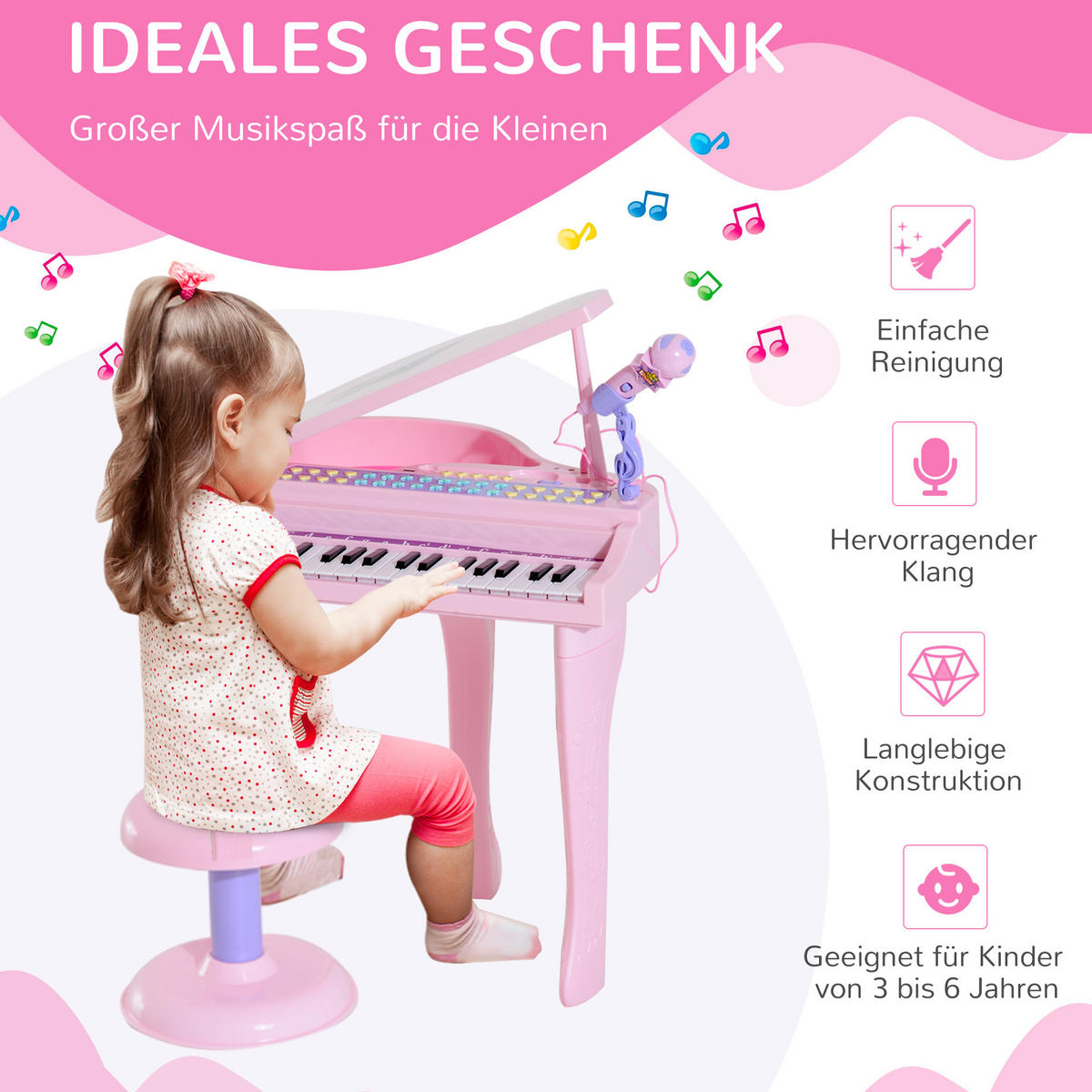 KINDER Klavier Piano - Rosa, Kunststoff (39/69/48cm) - HOMCOM