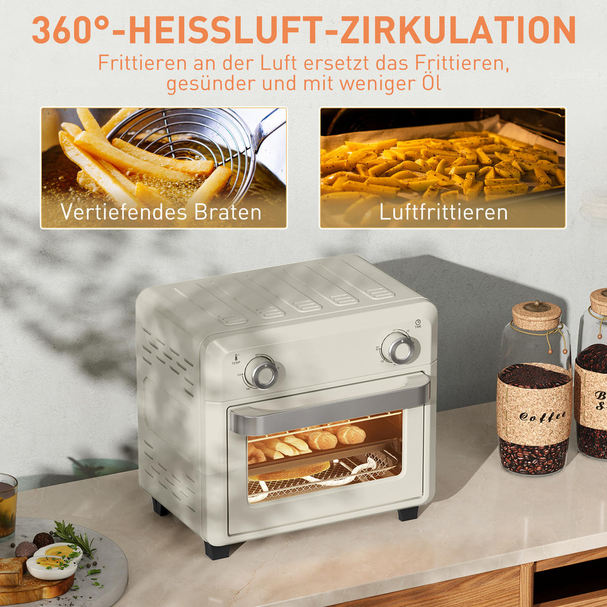 MINIBACKOFEN 10L mit Umluft & Heißluftfritteuse, Touch-Screen, 1000W, Timer, Innenbeleuchtung, Edelstahl - Beige, Metall (32/29.8/27.2cm) - Beaface