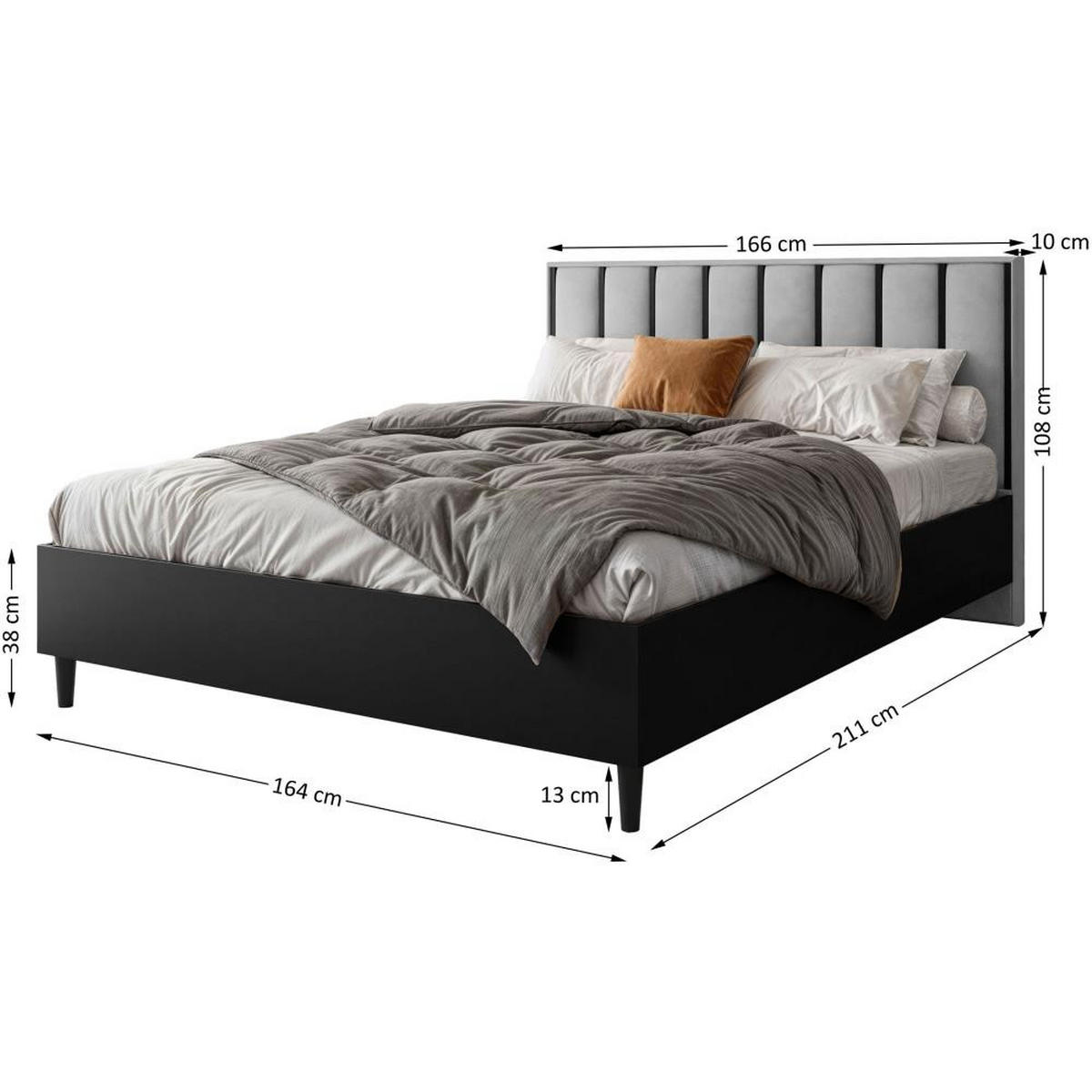 POLSTERBETT Stella 166/211/108 mit 1 Nachttisch grau - Schwarz/Grau, Holzwerkstoff/Textil (160/200cm) - Beautysofa