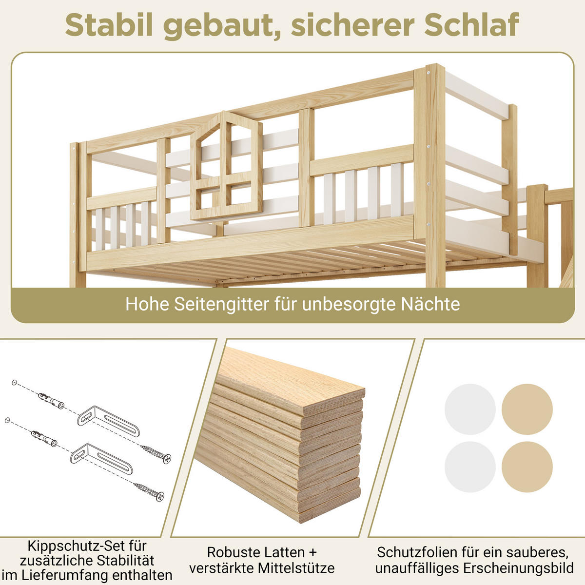 ETAGENBETT 90/200 cm & 140/200 cm in Weiß & Eichefarben mit Bettkasten, Treppe mit Ablagefächern und Fenstern - Weiß/Naturfarben, Holzwerkstoff (140/200cm) - STILVORA