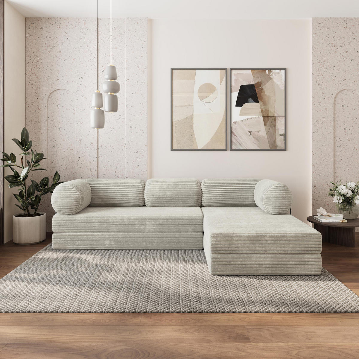 ROHOVÁ SEDAČKA ETERA modulární Boneless pohovka s funkcí spaní, světle šedá TILIA 83 - světle šedá, textil (270/160cm) - MASSENO