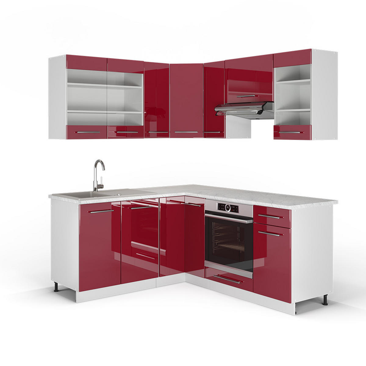 ECKKÜCHE Fame-Line Bordeaux Hochglanz/Weiß 160 x 60 cm ohne AP - Bordeaux/Weiß, Holzwerkstoff (190/81.6/46cm) - Vicco