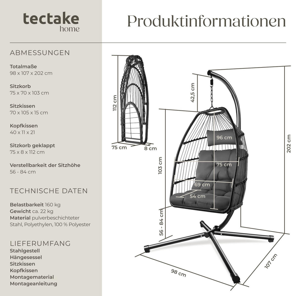 HÄNGESESSEL Ariane, inklusive Schutzhülle, 98 x 107 x 202 cm, dunkelgrau - Dunkelgrau, Kunststoff/Textil (98/202/107cm) - tectake
