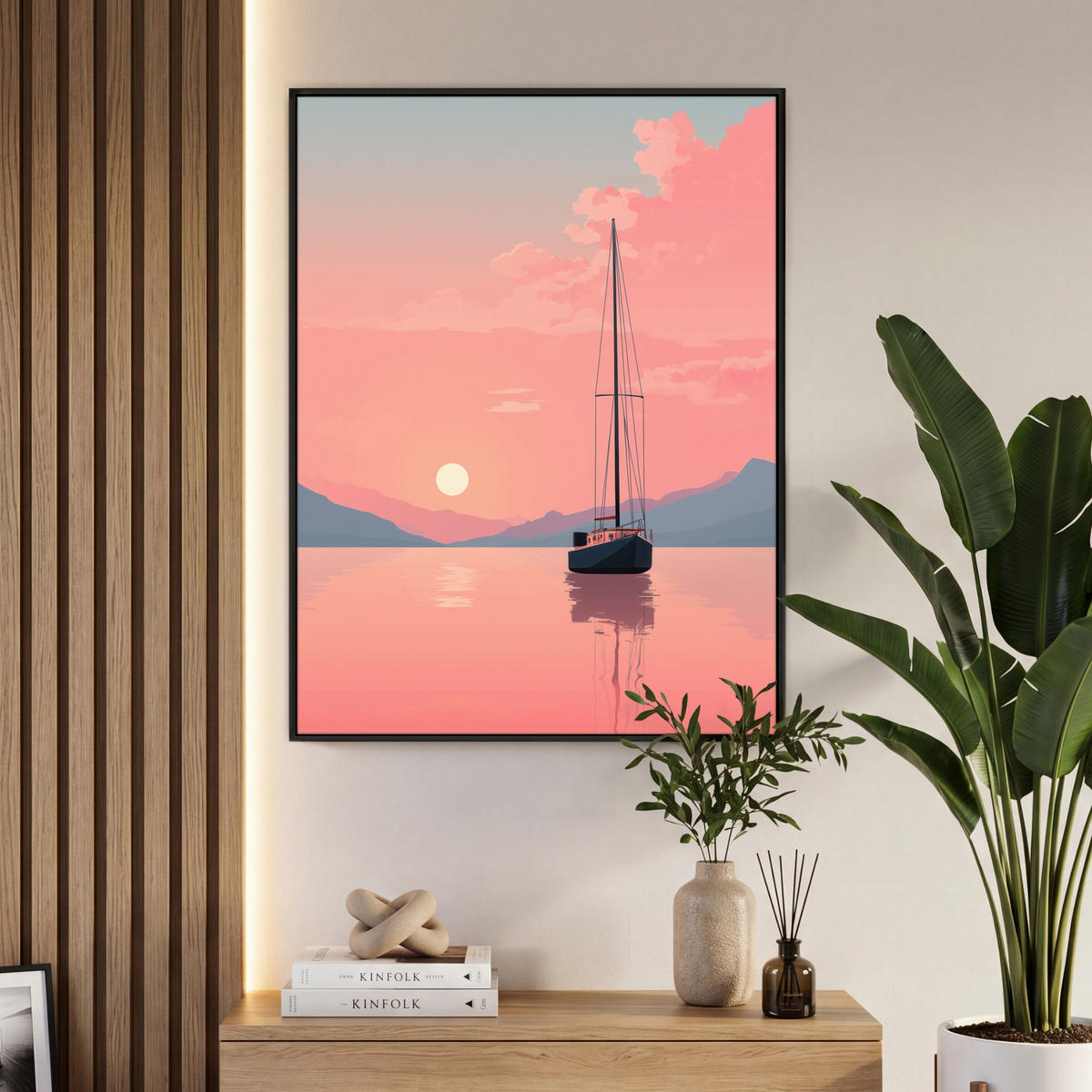 LEINWAND Bilder mit Rahmen - Segelboot - Rosa Meer - Sonnenuntergang - Berge - 70x100 - Rosa, Textil (70/100cm) - MuchoWow