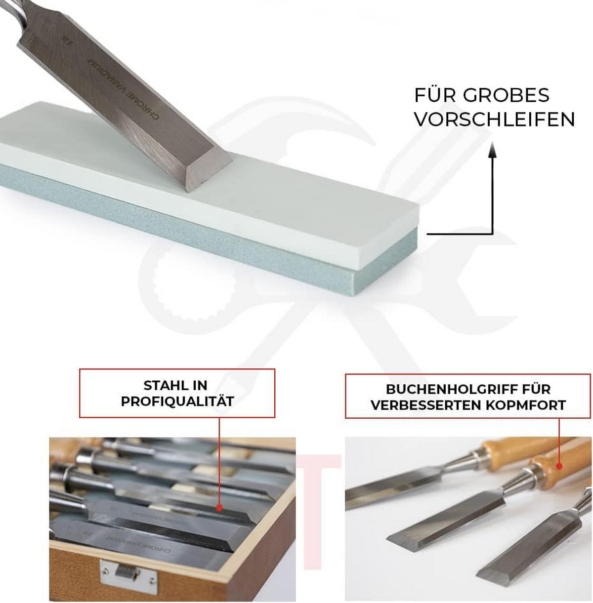 STECHBEITEL 6er-Set mit 2 Schleifsteinen - Braun, Holz - bestTools