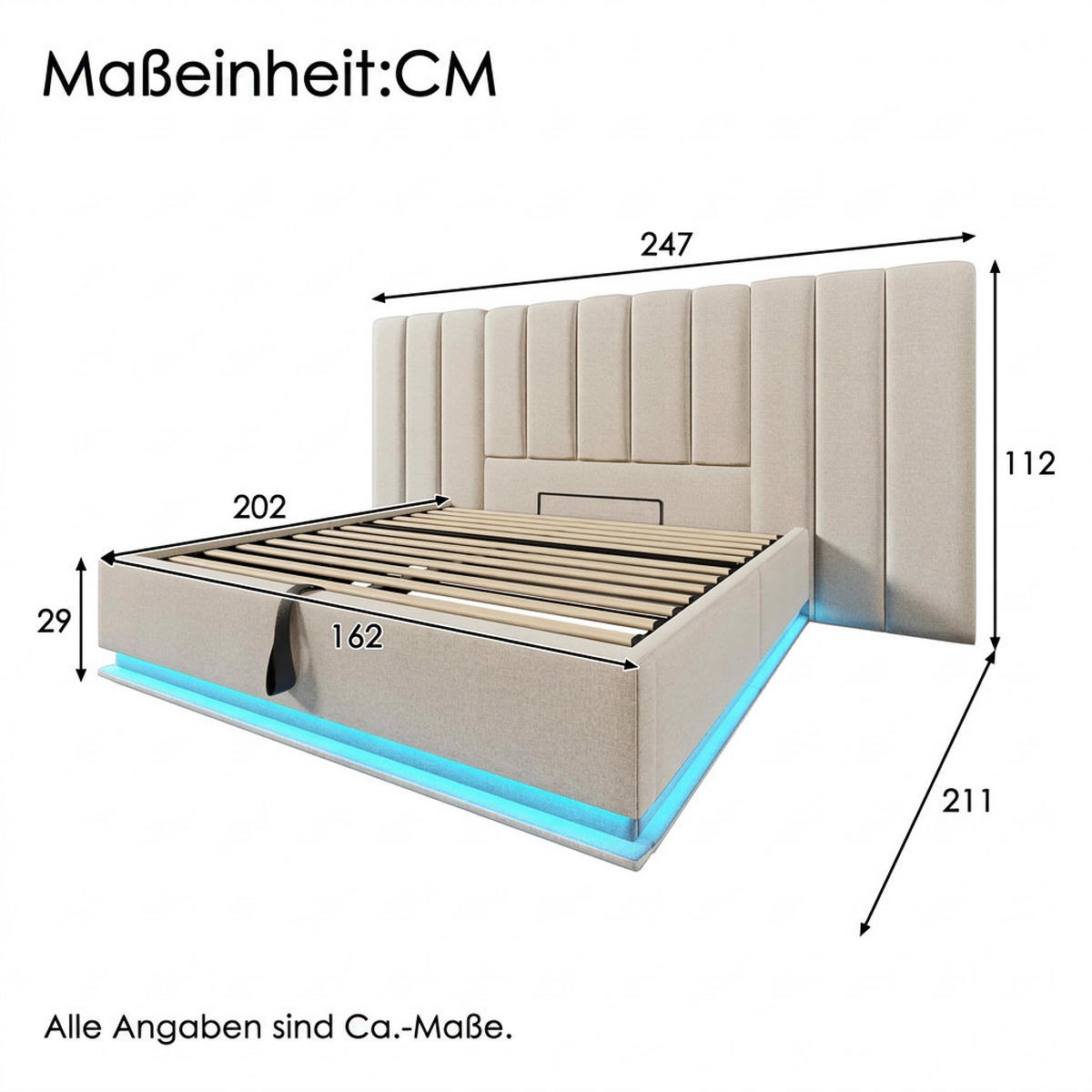 POLSTERBETT 160/200 cm Beige mit App Control LED und USB-C Ladefunktion, Ohne Matratze und Nachttisch - Beige, Textil (160/200cm) - Oxeza