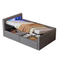 KINDEREINZELBETTEN aus Samtstoff 90 x 200 cm in Hellgrau mit LED, USB & Stauraum - Hellgrau, Textil (90/200cm) - Modfu