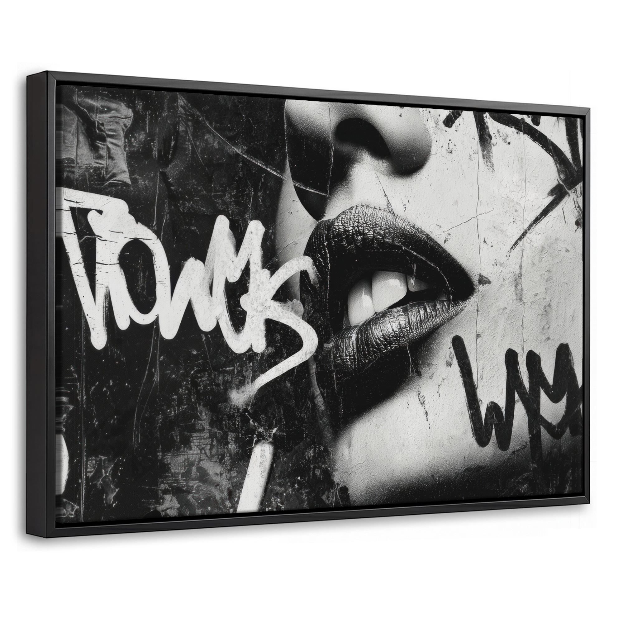LEINWAND Bilder mit Rahmen - Gesicht - Mund - Graffiti - Schwarz - 60x40 - Schwarz, Textil (60/40cm) - MuchoWow