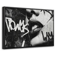 LEINWAND Bilder mit Rahmen - Gesicht - Mund - Graffiti - Schwarz - 60x40 - Schwarz, Textil (60/40cm) - MuchoWow