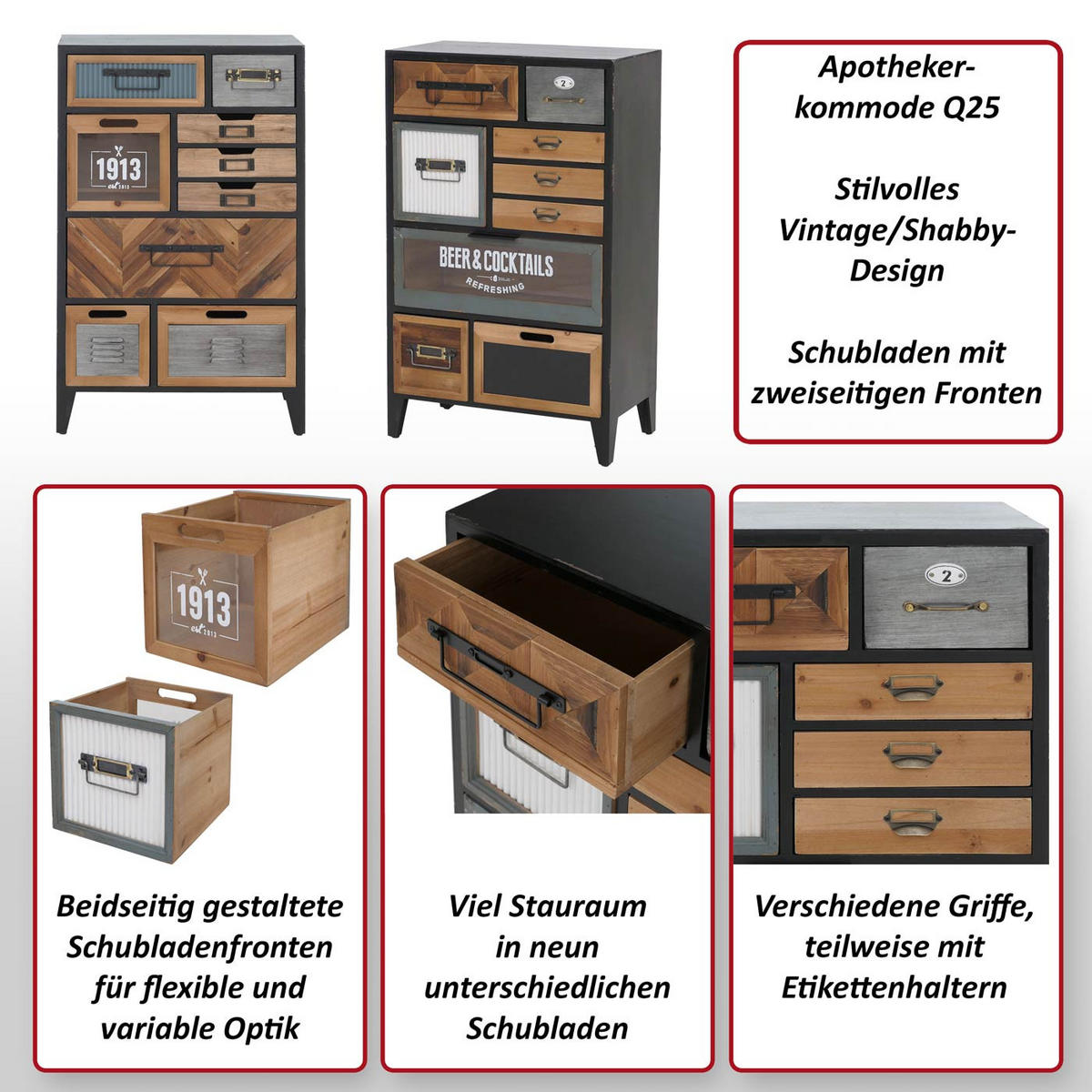 APOTHEKERKOMMODE Multicolor - Multicolor, Holz (58/95/32cm) - MCW