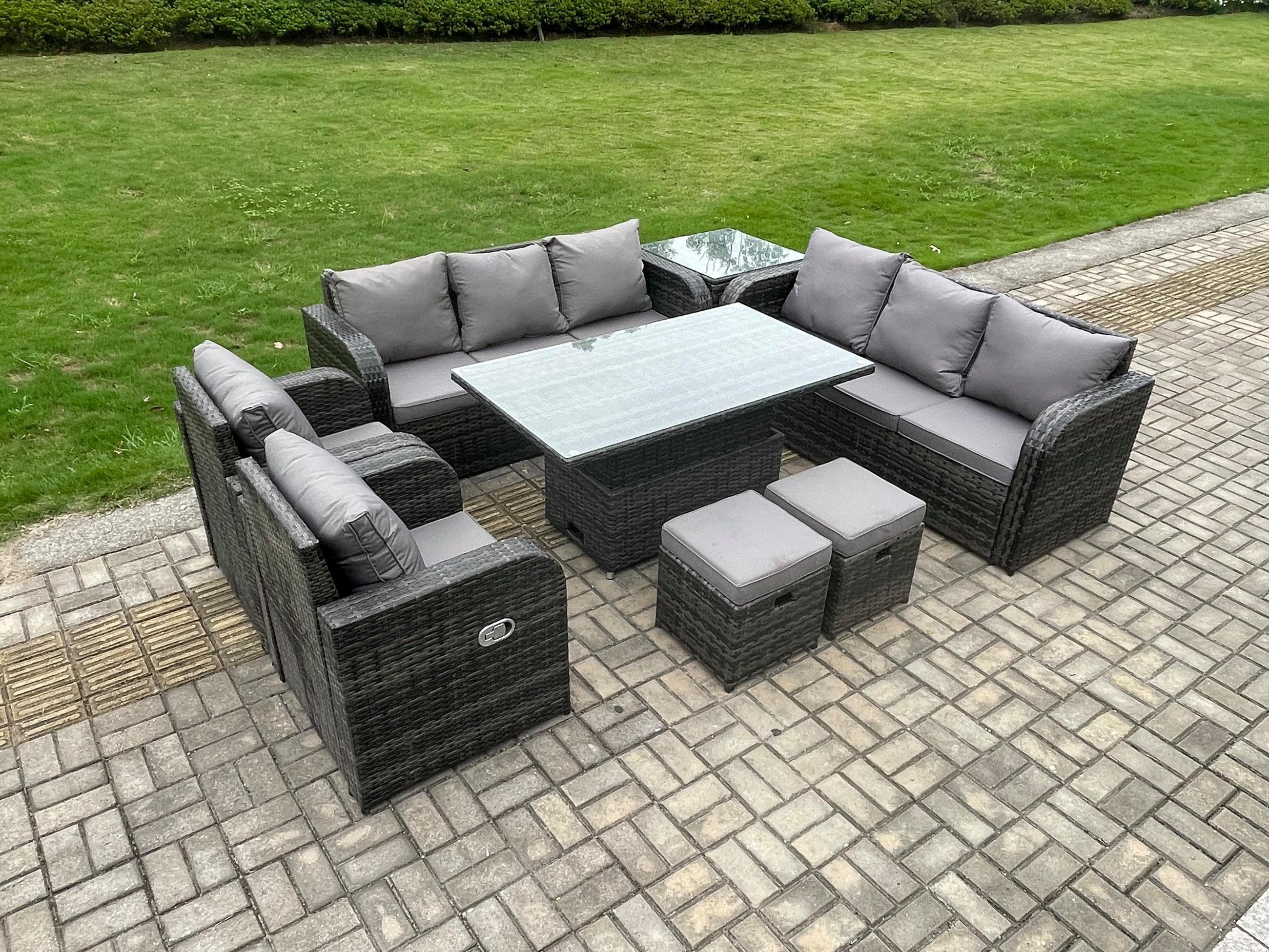 GARTENSET Polyrattan 10-Sitzer - Dunkelgrau/Grau, Glas/Kunststoff - Fimous