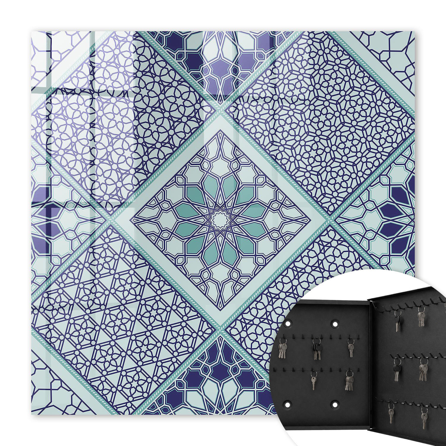 SCHLÜSSELBOX Schwarz 30x30 cm- Türöffnung nach rechts - Geometrisches Muster - Blau, Metall (30/30/5cm) - TULUP