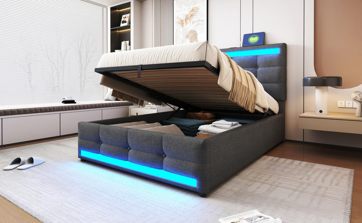 POLSTERBETT 90/200 cm Grau aus Stoff mit LED und USB - Grau, Textil (90/200cm) - OKMYHOME
