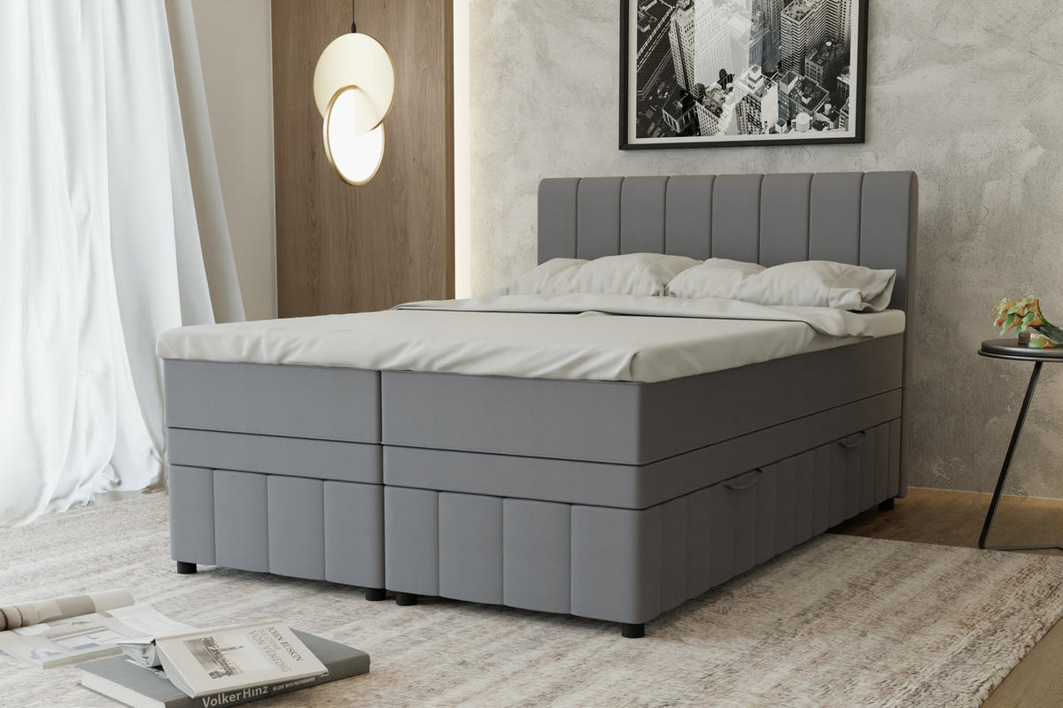 BOXBETT AVALON 140 x 200 cm mit Bettkasten und Topper - Dunkelgrau - Dunkelgrau, Holz - Panda Möbel